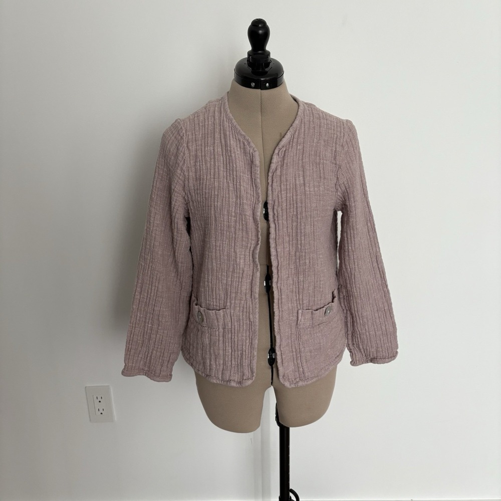 Tahari Womens Jacket Medium Linen Cotton Blend Mauve Gauzy Texture Open Front
